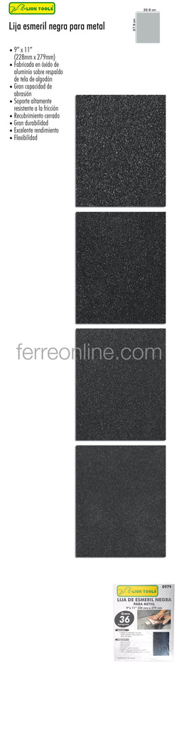 0980	Lija de esmeril negra 9” x 11 grano 50 LION TOOLS