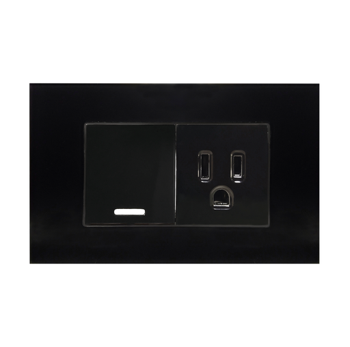[8843905] APAGADOR Y CONTACTO CON PLACA DE ACRILICO NEGRO 36MM 250V~ 10A